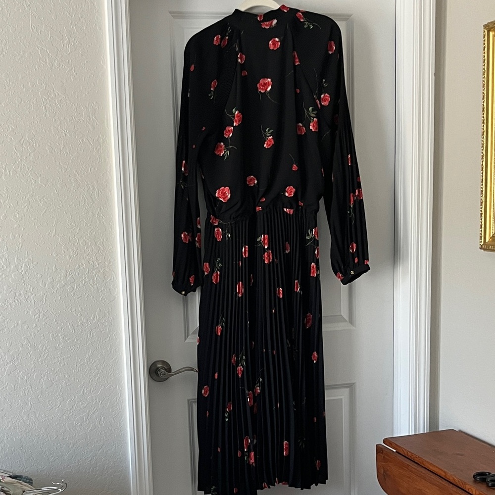 Ralph Lauren Black Floral Rose Tie Neck pleated skirt NWT Tea Length SZ 16 - Picture 7 of 12